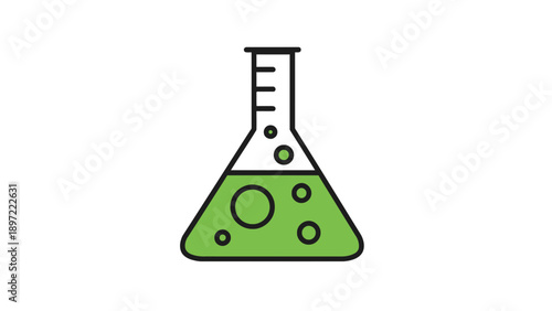 Green liquid in a laboratory flask with bubbles rising to the top