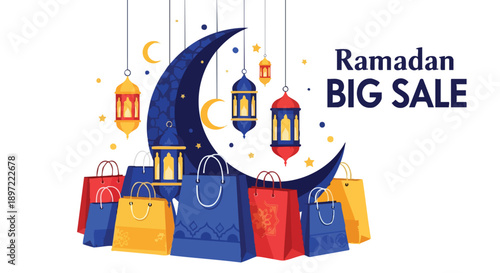 A colorful illustration of shopping bags and lanterns arranged around a crescent moon with Ramadan Kareem and Ramadan super sale text on a clean white background.