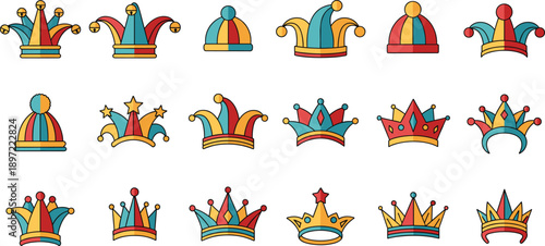 Set of colorful jester hats and carnival crowns illustrations for circus, festival, party costumes, playful cartoon vector accessories isolated on white