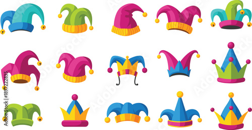 Set of colorful jester hats and playful crowns for carnival and circus costumes, festive party accessories, bright cartoon vector illustrations isolated