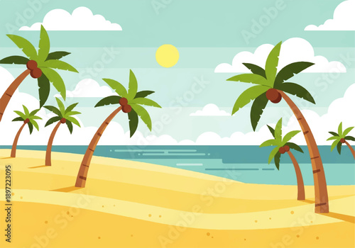 A serene Vector Flat Design Ilustration of a tropical beach scene with swaying palm trees, sandy shore, and calm ocean waters under a sunny sky with fluffy clouds.