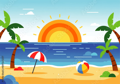 Vector flat design illustration of a serene beach scene with palm trees, a beach ball, and an umbrella, featuring a vibrant sunset over the ocean.