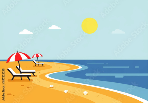 Vector flat design illustration of a serene beach scene with red and white umbrellas, lounge chairs, and a sunny sky in a minimalist style.