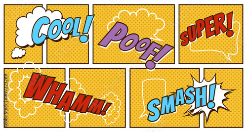 Yellow Pop Art Comic Panels with Bold Onomatopoeia Text