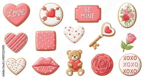 Valentine Cookie Style Love Icons Set, Heart, Rose, Teddy Bear, Romantic Clipart