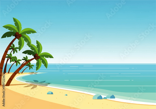 Vector flat design illustration of a serene beach scene with palm trees, sandy shore, and calm ocean waters under a clear blue sky.