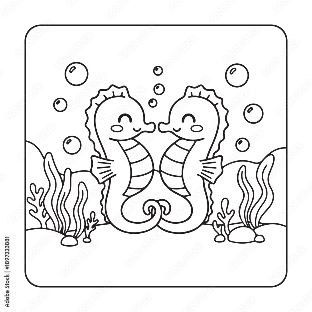 Naklejka premium Sea Life Coloring Pages for Kids, bold and easy coloring book page, vector illustration, line art, black and white, victor art, illustration