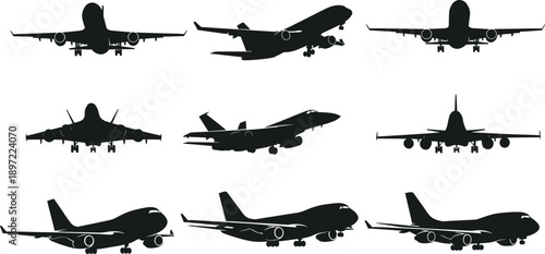 Black airplane silhouettes collection showing commercial passenger aircraft in different angles isolated on white background for aviation design use