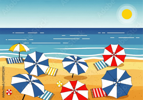 Vector flat design illustration of a serene beach scene with colorful umbrellas and chairs on the sand against a calm sea and sunny sky.