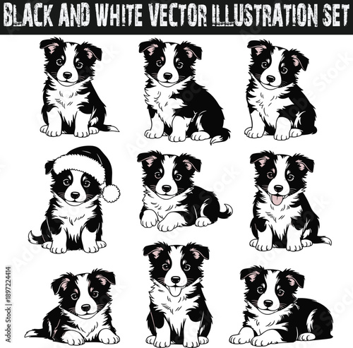 Black and white vector illustration set of cute Border Collie puppies, adorable cartoon dog characters with Christmas hat for stickers, and apparel.