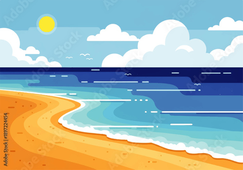 Vector flat design illustration of a serene beach scene with a sandy shore, calm ocean waves, and a sunny sky with fluffy white clouds.