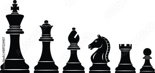 Black chess pieces silhouettes collection isolated on white background, strategy game symbols representing leadership, competition, intelligence, business concept illustration