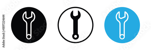 Wrench icon set in circle vector. Spanner repair tool symbol collection in outline and solid styles.