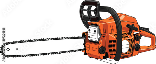 Powerful orange gasoline chainsaw isolated on white background, professional forestry cutting tool for wood cutting, logging, maintenance work safety equipment