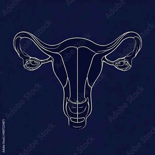 Minimalist Line Art Illustration of Human Uterus and Ovaries on Dark Blue Background