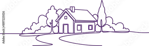 Simple Purple House with Trees and Pathway