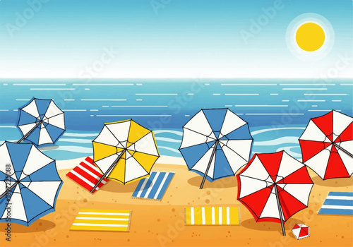 Vector flat design illustration of a serene beach scene with colorful umbrellas and towels on the sand against a calm sea and sunny sky.
