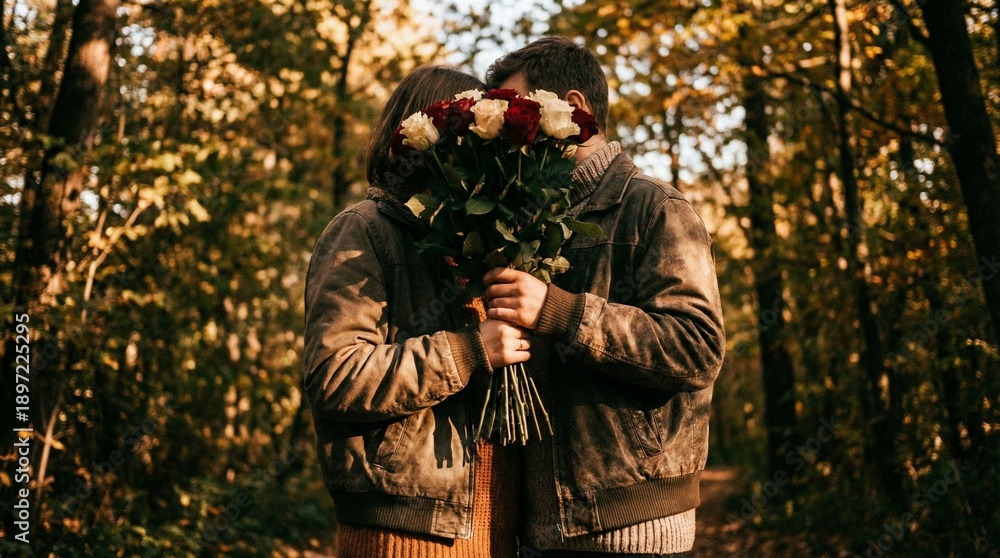 Obraz premium Faceless Romantic Couple Sharing Roses in Forest During Autumn