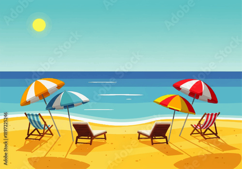 Vector flat design illustration of a serene beach scene with colorful umbrellas and lounge chairs on sandy shore against calm ocean waters and sunny sky.