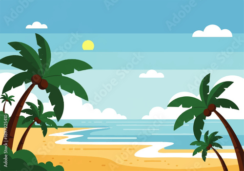 Vector flat design illustration of a serene beach scene with palm trees, sandy shore, and calm ocean waters under a sunny sky with fluffy clouds.
