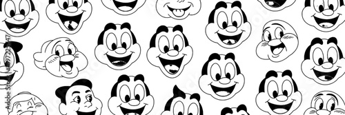 Faces cartoon sketches with various expressions and emotions, black and white line art, playful and humorous style, for comics, character design, and illustration projects