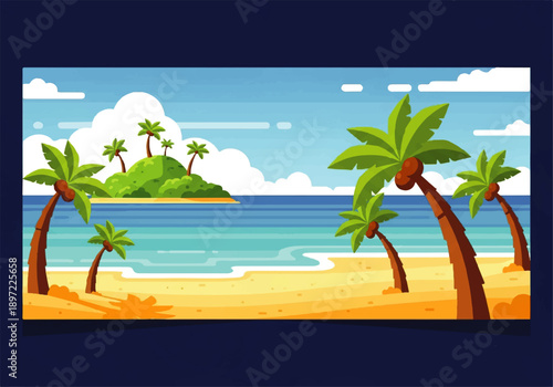 A serene Vector Flat Design Ilustration of a tropical beach with swaying palm trees, a small island, and calm ocean waters under a blue sky with fluffy clouds.