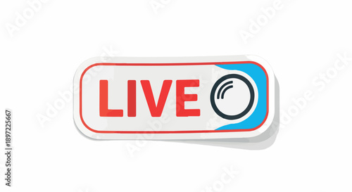 Vibrant 'Live' Streaming Badge Sticker with Camera Icon, Indicating Real-time Online Broadcasts, Digital Content, and Social Media Engagement