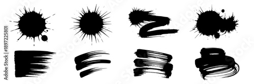 Splatter brush strokes and ink blot patterns in black with textured and dynamic forms for artistic design or creative effects, featuring varying shapes, sizes, and motion styles in abstract style.