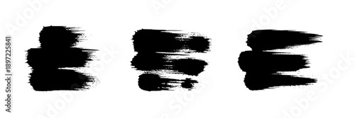 Brush strokes horizontal set with black textured lines and uneven edges, abstract artistic marks, dynamic expressive painting elements for creative design projects