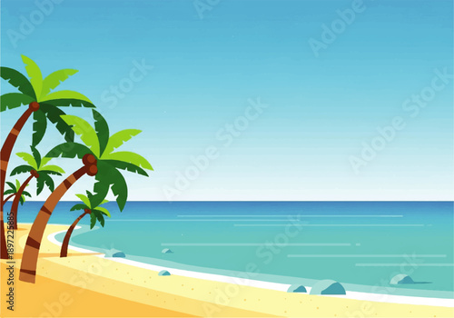 Vector flat design illustration of a serene beach scene with palm trees, sandy shore, and calm ocean waters against a clear blue sky.