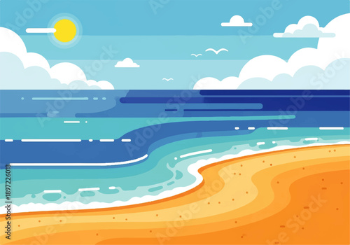 Vector flat design illustration of a serene beach scene with a sunny sky, clouds, and a calm ocean.