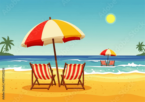 Vector flat design illustration of two red and white striped beach chairs under a colorful umbrella on a sunny beach with a tranquil atmosphere.