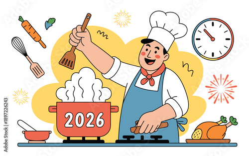 A cute cartoon vector illustration of a happy young man and woman wearing chef hats and uniforms cooking a delicious Italian pizza in a restaurant kitchen for a pizzeria menu