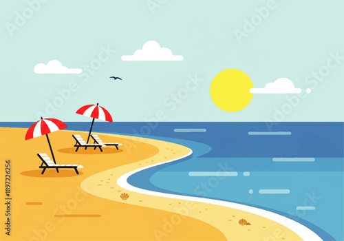 Vector flat design illustration of a serene beach scene with red and white umbrellers, lounge chairs, and a sunny sky.