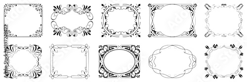 Frames decorative ornate border set with intricate swirling patterns, elegant floral motifs, vintage style, black and white line art, printable design, wedding invitations, scrapbooking embellishments