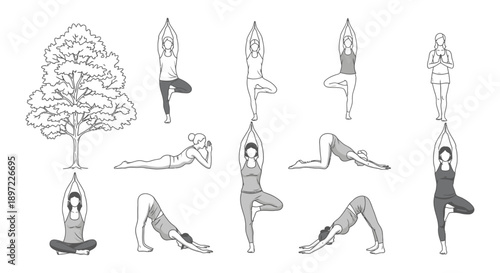 diverse collection of women demonstrating various yoga poses including tree and downward dog illustrating mindful fitness and balanced life.