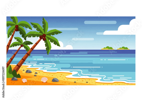 Vector flat design illustration of a serene beach scene with palm trees, sandy shore, and calm ocean waters under a blue sky with fluffy clouds.