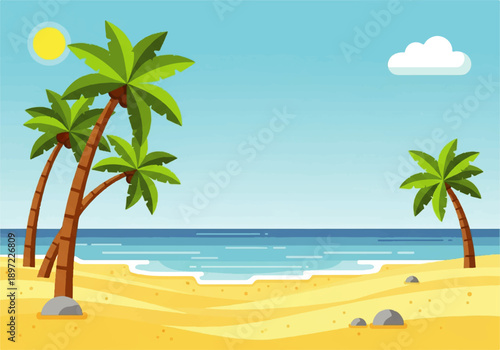 A serene Vector Flat Design Illustration of a beach scene with palm trees, a sun, and a cloud against a blue sky and ocean, featuring a sandy shore with rocks.