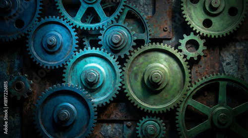 Wallpaper Mural Intricate arrangement of aged teal and green metal gears forming a complex industrial mechanism Torontodigital.ca