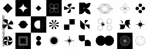 Symbols icons set with black and white geometric patterns and abstract designs for graphic design, digital interfaces, decoration, modern minimal style, scalable vector art