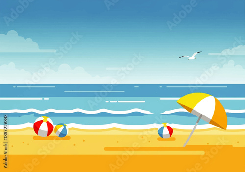 Vector flat design illustration of a serene beach scene with a yellow and white umbrella, beach balls, and a seagull flying over calm ocean waters in a sunny day.