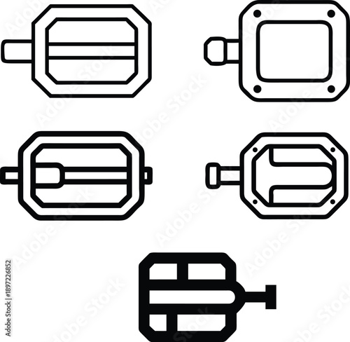 Five different outline styles of bicycle pedals with various shapes and details on white background