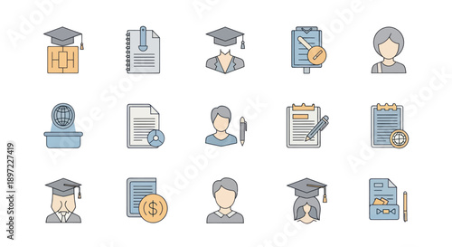 Education Icons Set: Graduation, Documents, Students, Certificates, Money