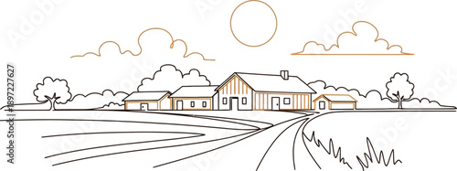 Rural Farmhouse Scene with Barns and Fields