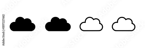 Cloud icon with outline and filled variations in black and white, simple and minimalistic weather symbol for digital interfaces and iconography. featuring graphic, monochrome, vector with