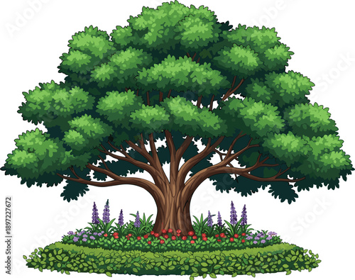 Big green oak tree vector illustration with colorful flower garden base isolated on white background for nature landscape design, environmental conservation concepts, and summer park scenery.