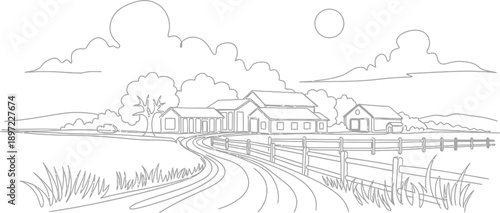 Rural Landscape with Farmhouses and Fencing