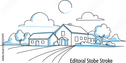 Simple Cartoon Houses with Trees and Clouds