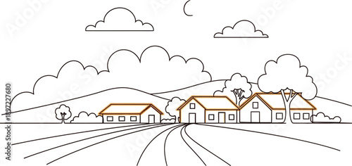 Simple countryside houses with rolling hills and moon