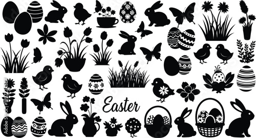 Easter symbols and icons easter eggs bunnies and florals
